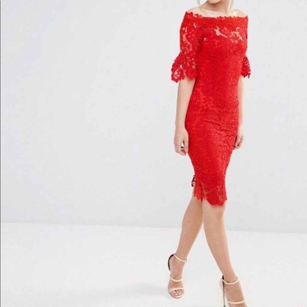 Paper Dolls red off the shoulder lace dress!